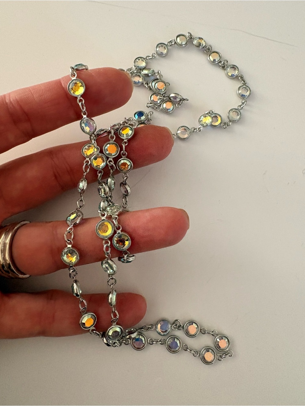 Layer Aurora Crystal Station Necklace - Silver with Iridescent Yellow Accents